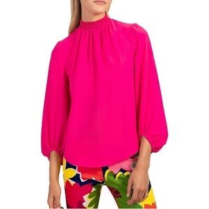 Trina Turk Women's Pink Mock Neck Long Sleeve Sunrise Vista Blouse Top Size L